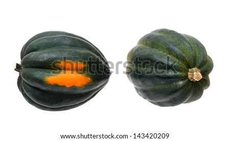 two different angle views of acorn squash on white
