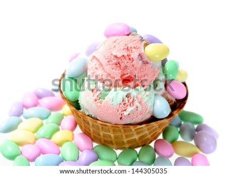 waffle cup and ice cream topping with candy and on candy background