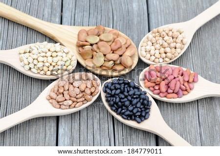black, light red, chick pea, fava, lablab and pinto beans on grunge table