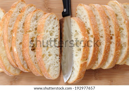 sliced ciabatta flat bread on cutting board