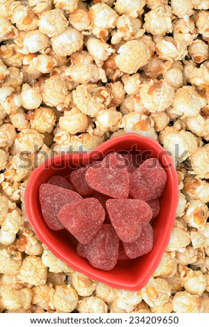 heart shape candy bowl on sweet pop corn for Valentine Day