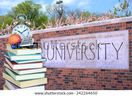 education concept: a lot of books in front of university (focus on books)