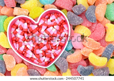 candy corn in heart shape bowl for Valentine Day