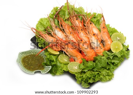 Grilled shrimp ,sea food display on the dish on white background