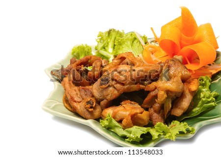 fried chicken and vegetables on the plate white background