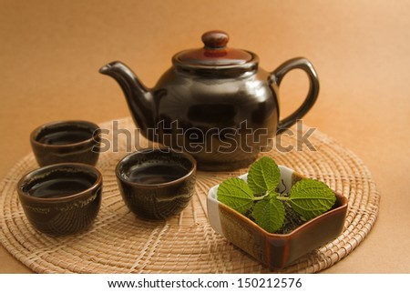 Tea leave in bowl with fresh mint  and tea assortment