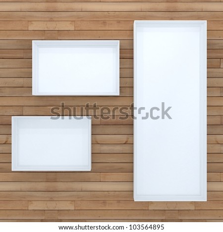 3d. Set of three white pictures with wooden background