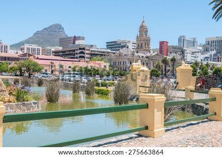 CAPE TOWN, SOUTH AFRICA - DECEMBER 18, 2014:  Moat of the Castle of Good Hope with the central business district and Lions Head in the back