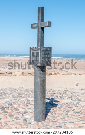 CAPE CROSS, NAMIBIA - JUNE 7, 2011: One of two replicas of the cross planted by Diogo Cao in 1486 at Cape Cross