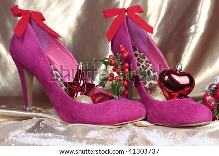 Red  stilettos shoes with xmas decorations