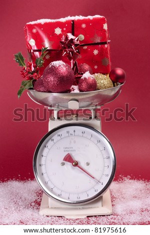Christmas decorations on weighing scales cost concept