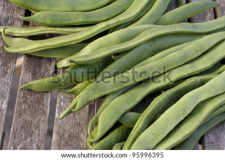 Green runner beans on garden table
