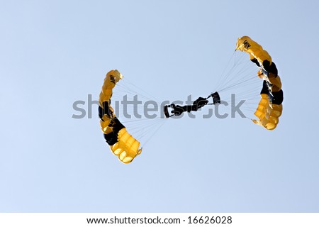 INDIANAPOLIS - AUGUST 24: Two members of the Golden Knights Parachute team attempts to land at the Indy air show on August 24, 2008 in Indianapolis,Indiana