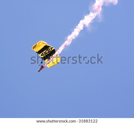 INDIANAPOLIS - JUNE 5: A member of the US Army Golden Knights parachute team performs at the Indy air show at Mt. Comfort airport on June 5th, 2009 in Indianapolis,Indiana