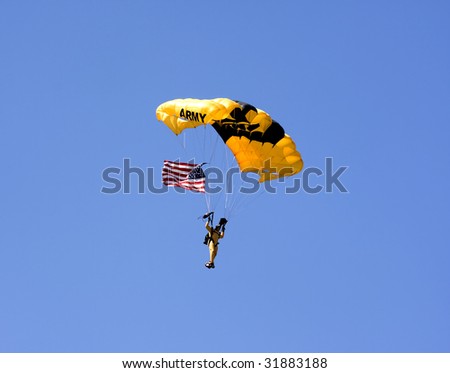 INDIANAPOLIS - JUNE 5: A member of the US Army Golden Knights parachute team performs at the Indy air show at Mt. Comfort airport on June 5th, 2009 in Indianapolis,Indiana