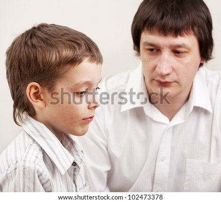 Serious discussion between father and son. Problems in family. Conflict dad and child