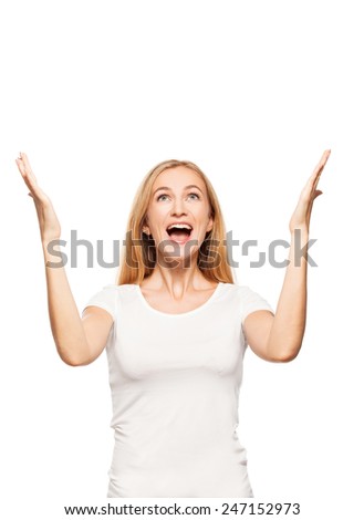 Happy enthusiastic woman on white background. Smiling emotions happy female. Fortune