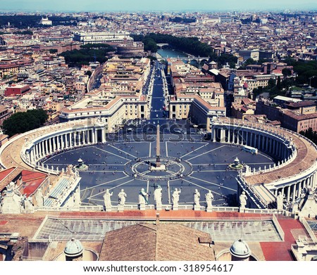 Cathedral of St Peters. St. Peter\'s Basilica, Vaticano, Italy, Rome. view from the dome. St. Peter\'s Square