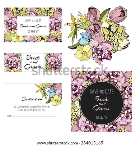 Invitation, save the date cards. Flowers invitation set.  Spring flowers cards.