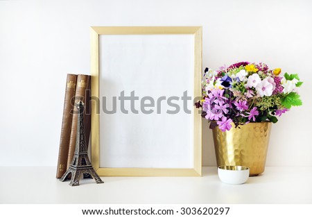 Poster template mock up gold items and gold vase with flower