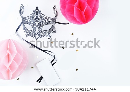 White background woman mock up. Chic and glamour style: mask, lipstick. Table view and modern objects.