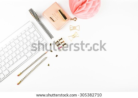 Table view office items, white background mock up,  woman desk.