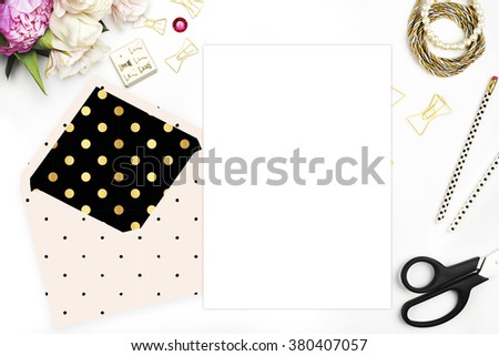 Template Invitation card,  Mock up for your photo or text Place your work.\
Table view, Peonies and gold stationery
