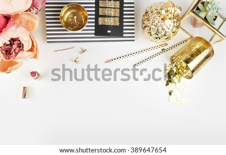 Gold & Black. Header website or Hero website, Mockup product view table gold accessories. Flat lay. Workspace. Background mock-up. Peonies in vase