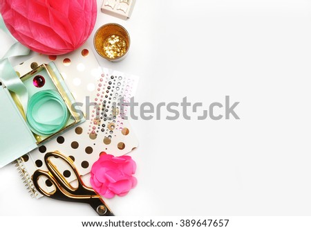 Flat lay, gold stationery on white table, notebook and stapler, woman style, desktop modern. Background mock-up. Glamour style, workspace. Wedding background. Gold polka dots.