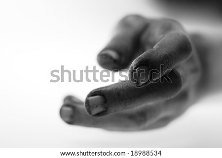 Hand reaching for help, special close up focused  cracked fingers with grunge texture signifying frustration and powerlessness