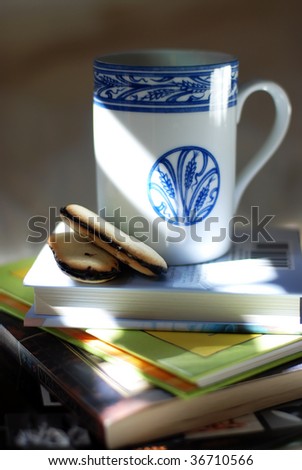 Delicious Pleasures, coffee and chocolate cookies are best choices for afternoon, window light  used as light source