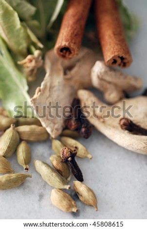 Organic Herbals : cinnamon sticks,cloves,linden flower,dried ginger,cardamom (shallow dof with focus around cardamom)