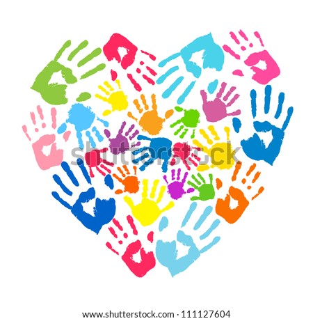 Heart of the handprints of father, mother and children - stock vector