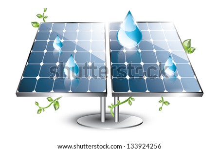 Solar panel with swirling plants and blue drops EPS 10 isolated Solar panel with swirling plants and blue drops EPS 10 isolated