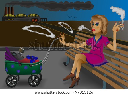 smoking mother and a baby on the background of the plant.