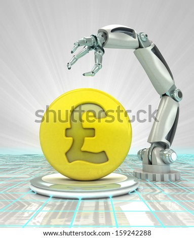 Pound coin investment to robotic hand use in modern industries render illustration
