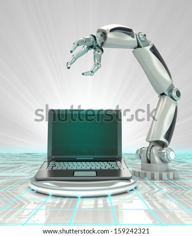cybernetic robotic hand creation of modern personal computer render illustration