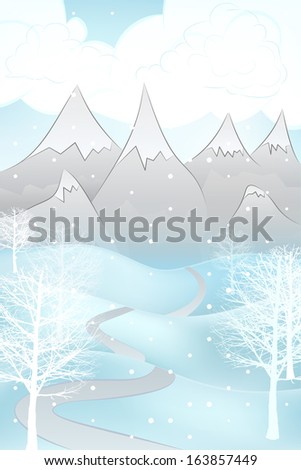 high winter landscape scene with snowy mountains and broad leaf trees vector illustration