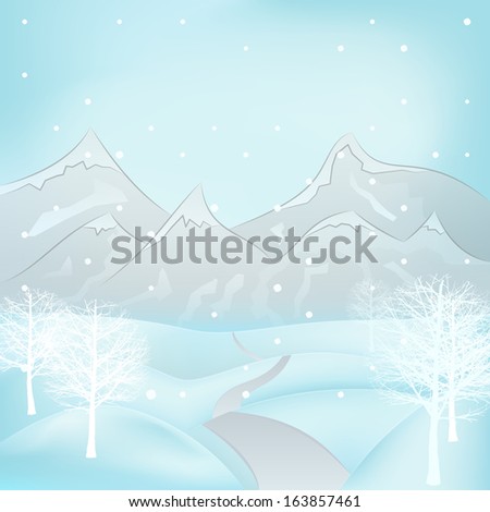 square winter mountain landscape view with broad leaf trees around road vector illustration