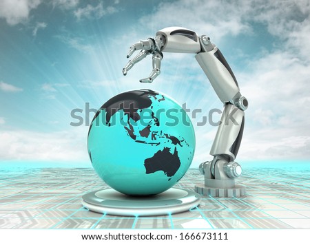 robotic hand creation futuristic industry in asian countries with cloudy sky illustration