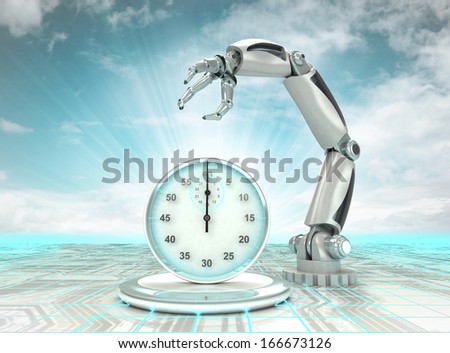 industrial cybernetic robotic hand creation in time with cloudy sky illustration