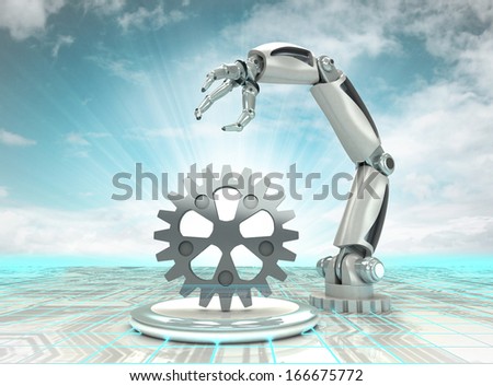 cybernetic robotic hand creation in modern automated industries with cloudy sky illustration