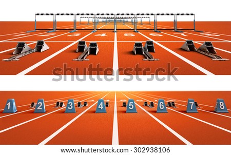two isolated running tracks with blocks and hurdles sport theme render illustration background