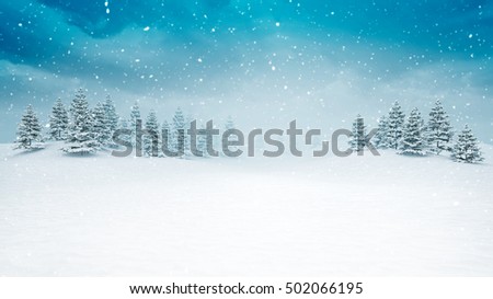 snow covered open winter landscape at snowfall, snowy trees with blue sky background 3D illustration