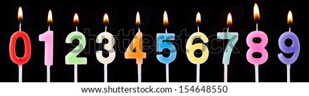 Burning Birthday Candles Isolated On A Black Background, Number 0-9