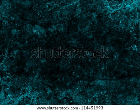 Blue and black grunge background with some floral elements in the upper right hand and lower left hand corners.
