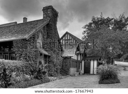 Old village homes in black and white