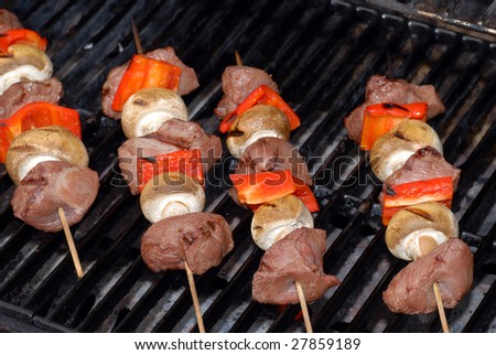 stock photo : four beef kabobs on a barbecue grill