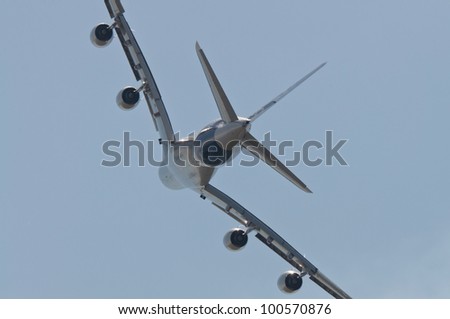 ZHUKOVSKY, RUSSIA - AUG 19: The Airbus A380 performs a demonstration flight at International aviation and space salon MAKS 2011 on August 19, 2011 in Zhukovsky, Russia