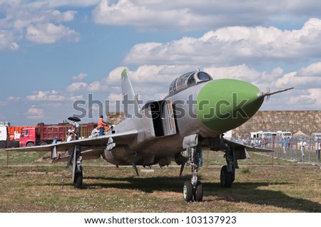 ZHUKOVSKY, RUSSIA - AUG 19: The Soviet jet fighter at International aviation and space salon MAKS 2011 on August 19, 2011 in Zhukovsky, Russia